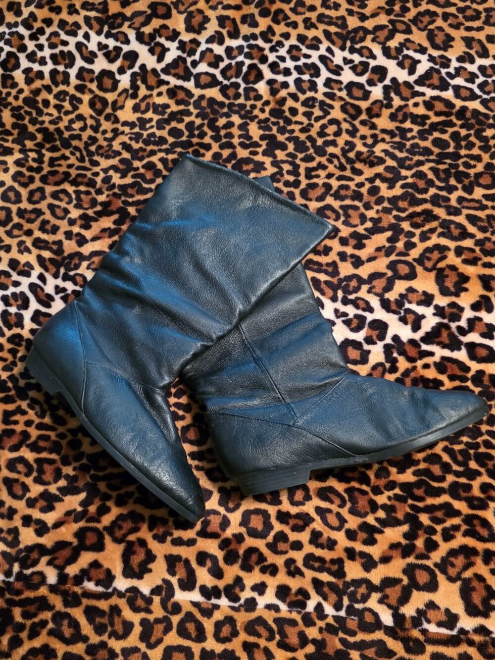 Black Leather Flat Heel Calf Boots Size 7